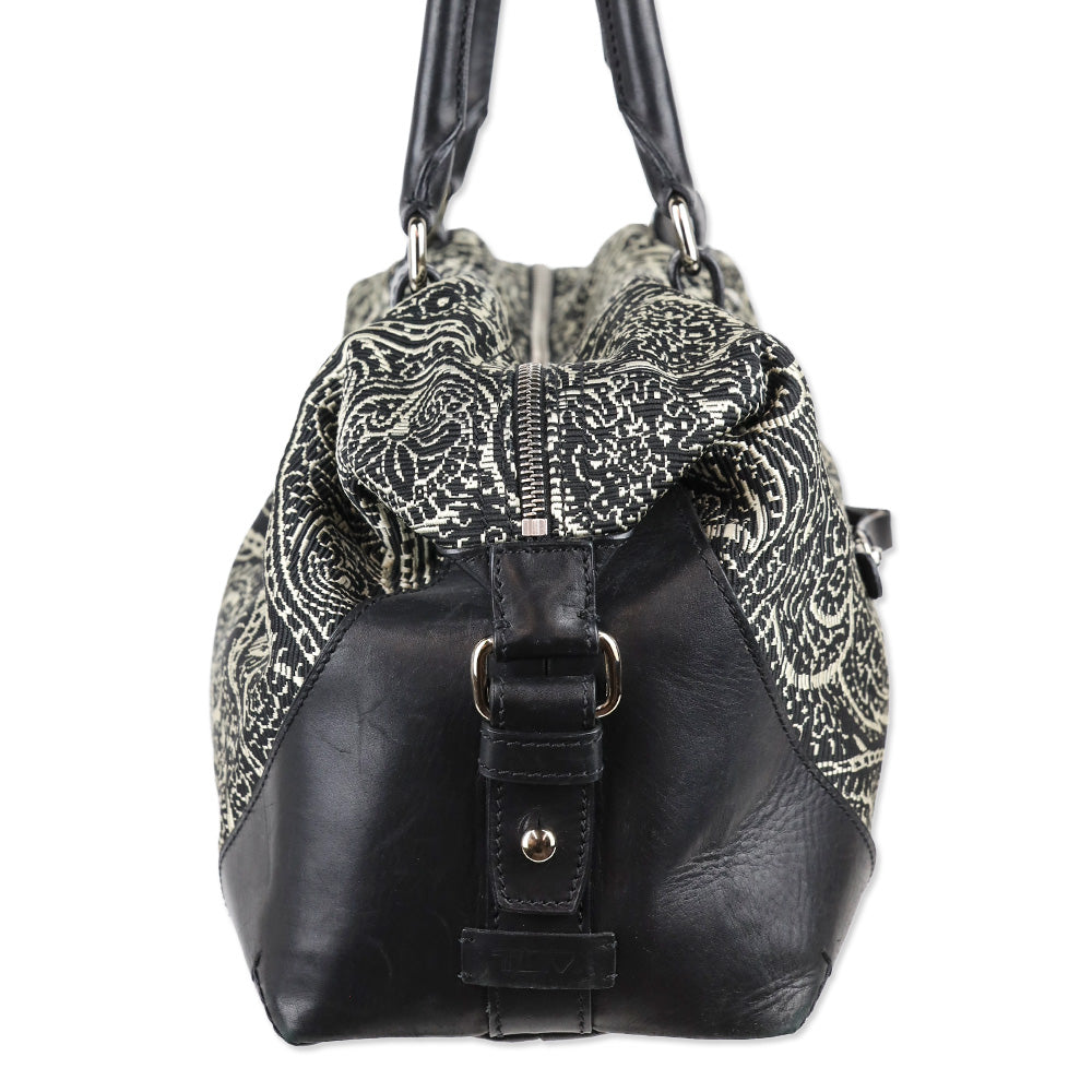 Tumi Black/White Embroidered Paisley Leather Trim Boston Bag