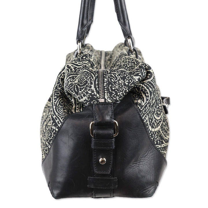 Tumi Black/White Embroidered Paisley Leather Trim Boston Bag
