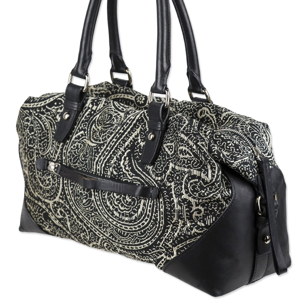 Tumi Black/White Embroidered Paisley Leather Trim Boston Bag