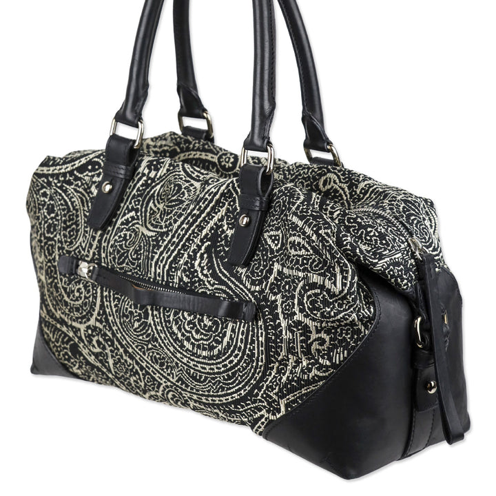 Tumi Black/White Embroidered Paisley Leather Trim Boston Bag