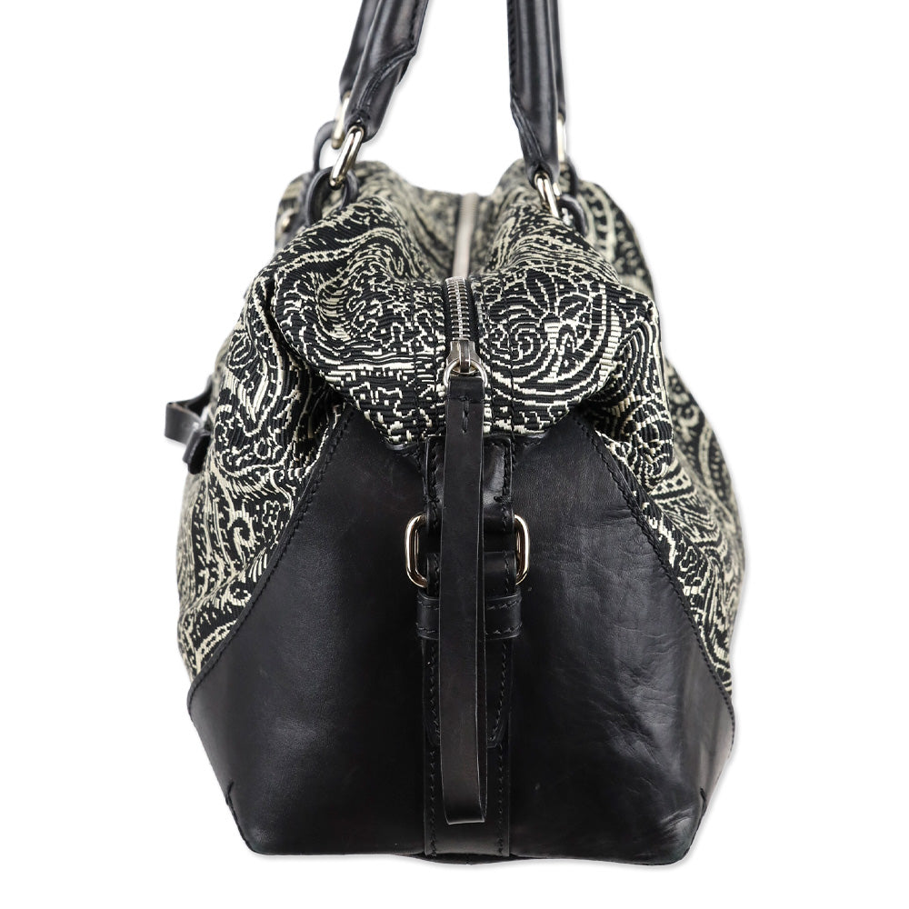 Tumi Black/White Embroidered Paisley Leather Trim Boston Bag