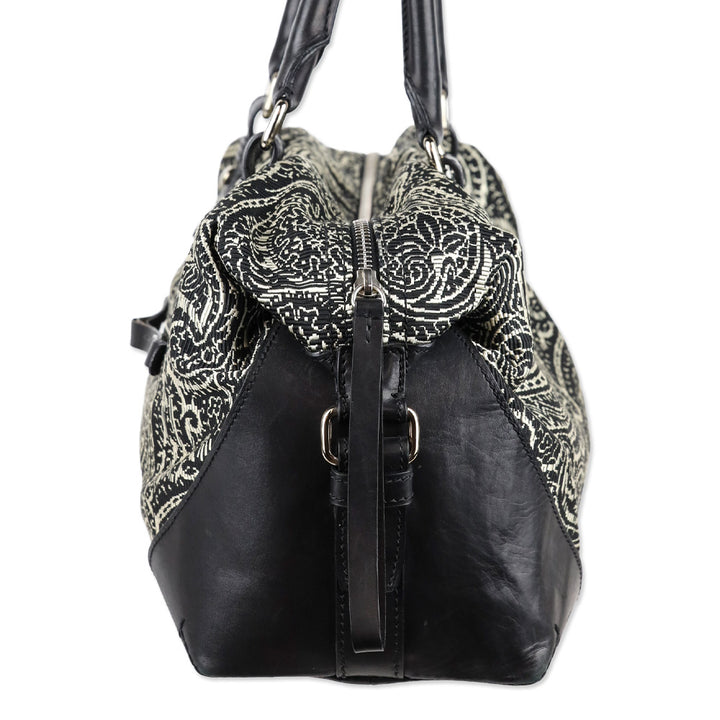 Tumi Black/White Embroidered Paisley Leather Trim Boston Bag