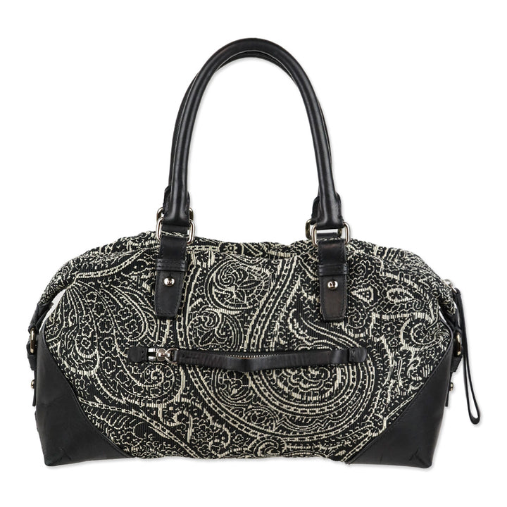 Tumi Black/White Embroidered Paisley Leather Trim Boston Bag