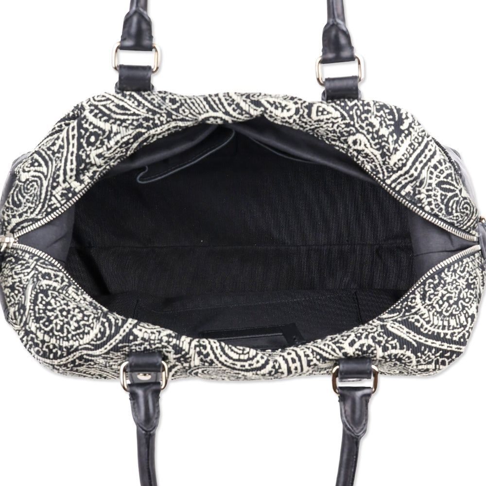 Tumi Black/White Embroidered Paisley Leather Trim Boston Bag