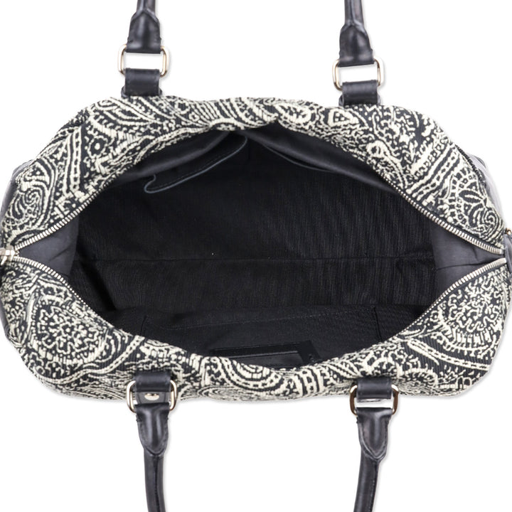 Tumi Black/White Embroidered Paisley Leather Trim Boston Bag