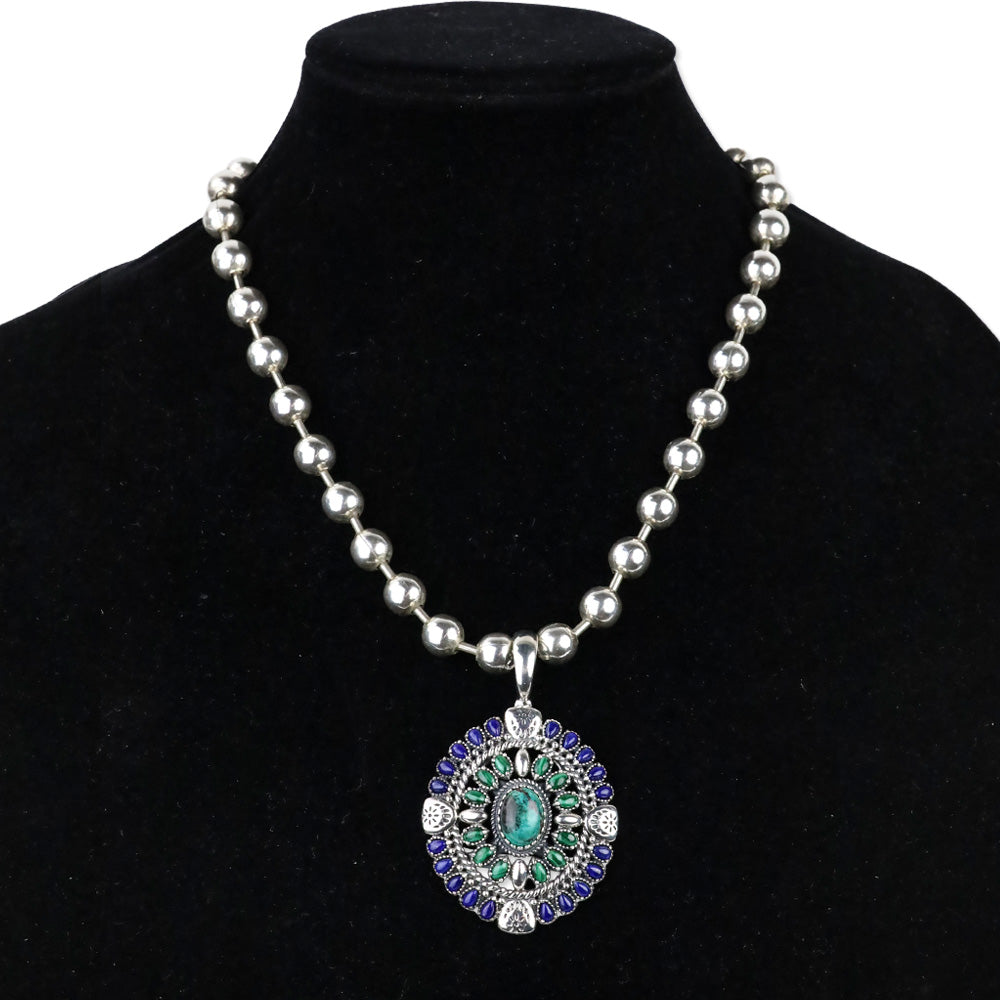 UNOde50 Silver Beaded Padlock Necklace with American West Gemstone Cluster Enhancer
