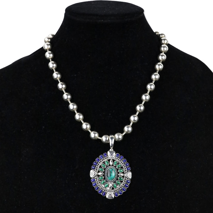UNOde50 Silver Beaded Padlock Necklace with American West Gemstone Cluster Enhancer