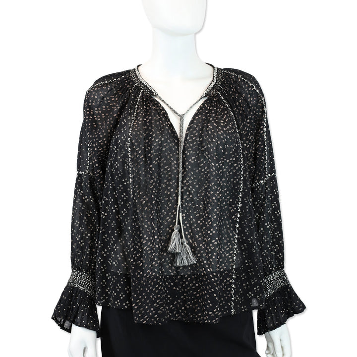 Ulla Johnson Ritsa Black Embroidered Cotton Tassel Blouse