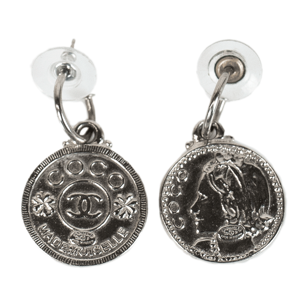 Chanel Silver Mademoiselle Coin Drop Earrings