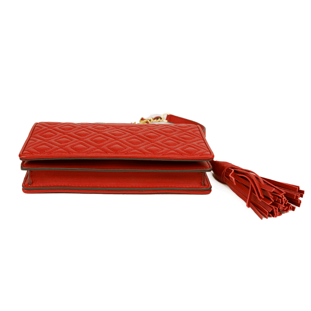 Tory Burch Red Quilted Leather Fleming Wallet On Chain