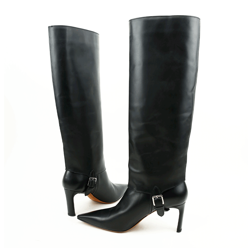 side buckle view of Altuzarra Black Leather Hay Knee High Boots