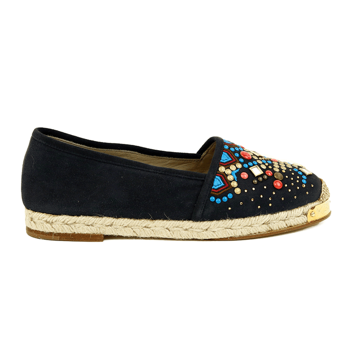 side view of Giuseppe Zanotti Drillas Embellished Navy Suede Espadrille Flats