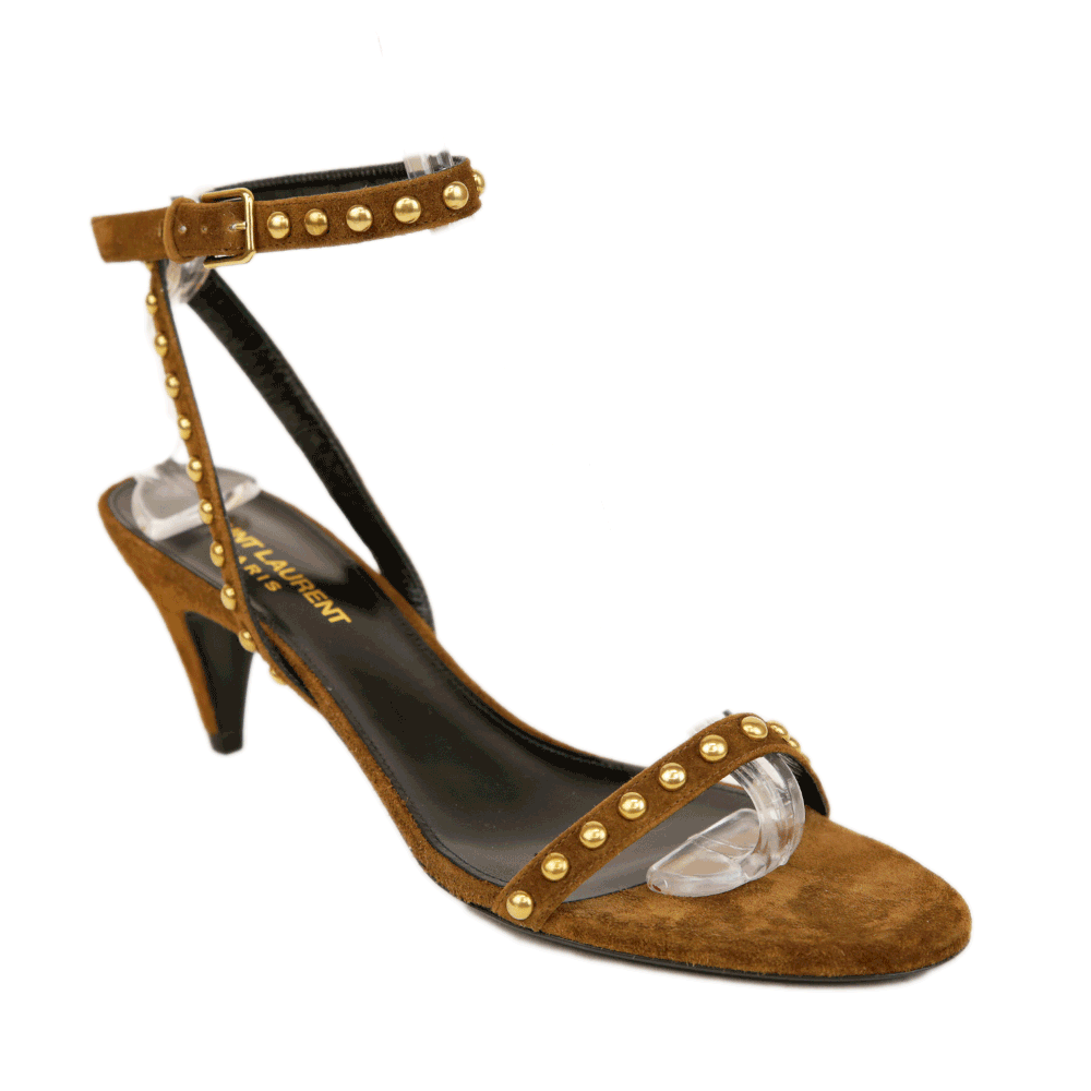 Saint Laurent Kiki Brown Suede Studded Kitten Heel Sandals