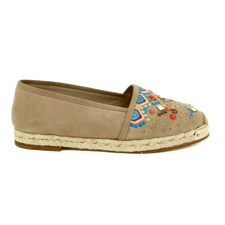 side view of Giuseppe Zanotti Drillas Embellished Taupe Suede Espadrille Flats
