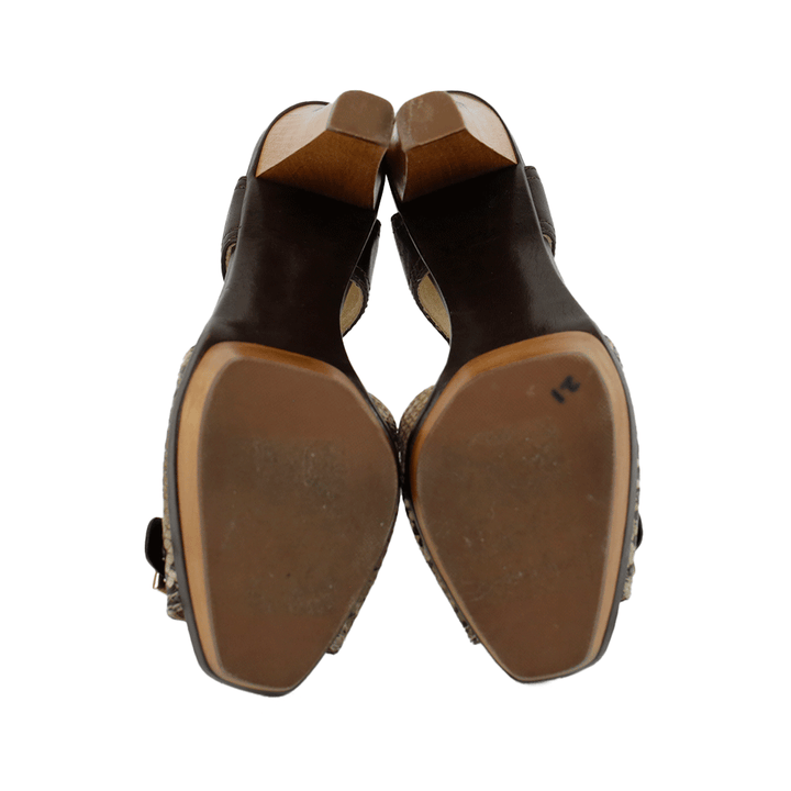 Coach Brown Leather & Snakeskin Wooden Platform Sandals
