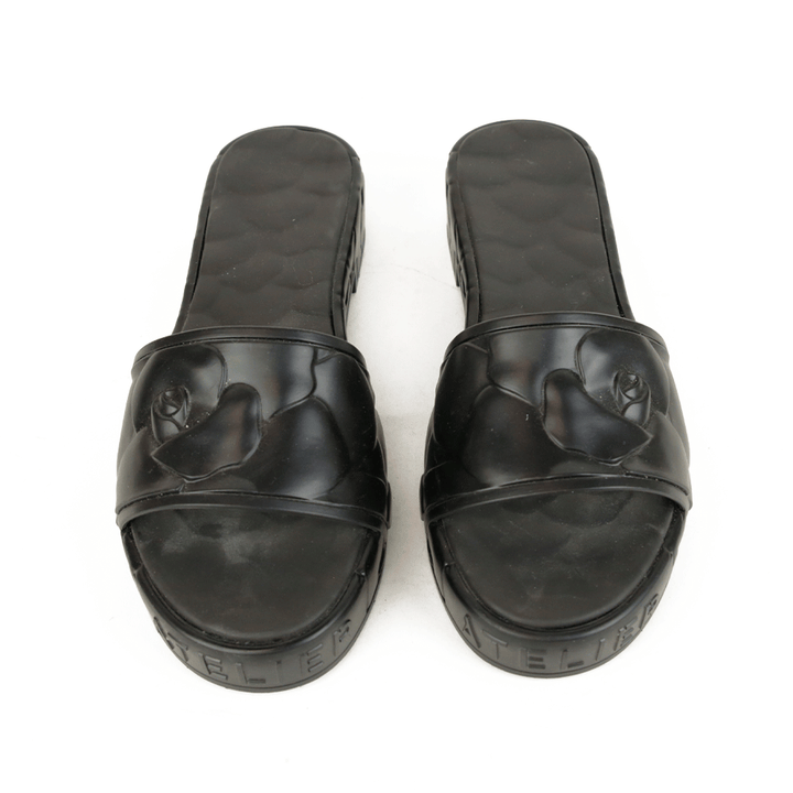 Valentino Black Rose Rubber Platform Slides