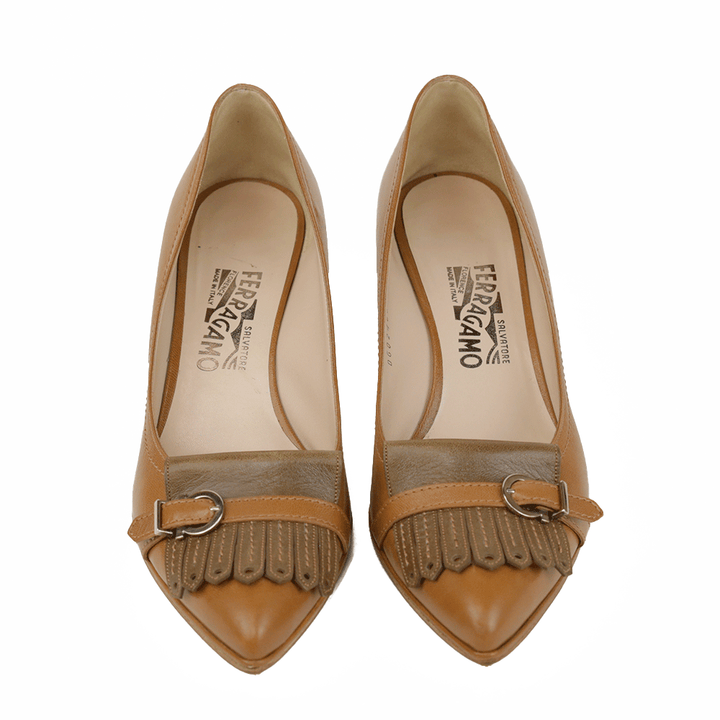 Salvatore Ferragamo Brown Leather Fringe Pumps
