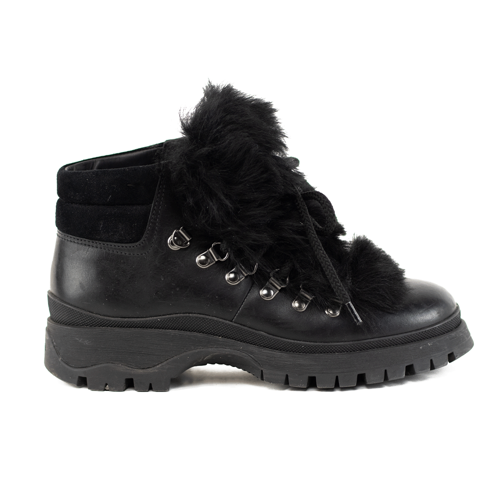 Prada Shearling Trim Black Leather Ankle Boots
