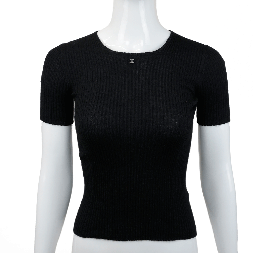 CHANEL Black Ribbed Short Sleeve Sweater Size F 38/US 6