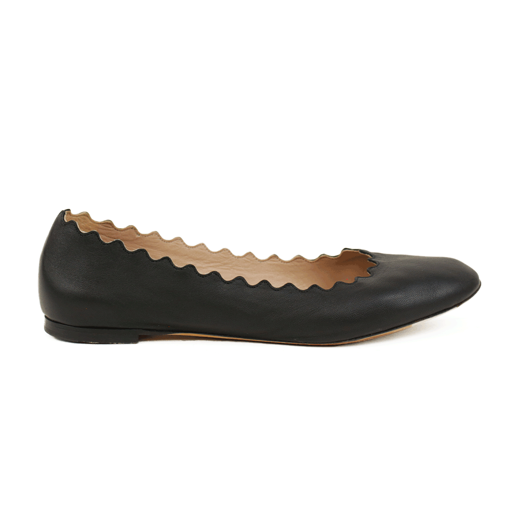 Chloe Lauren Black Leather Scalloped Ballet Flats