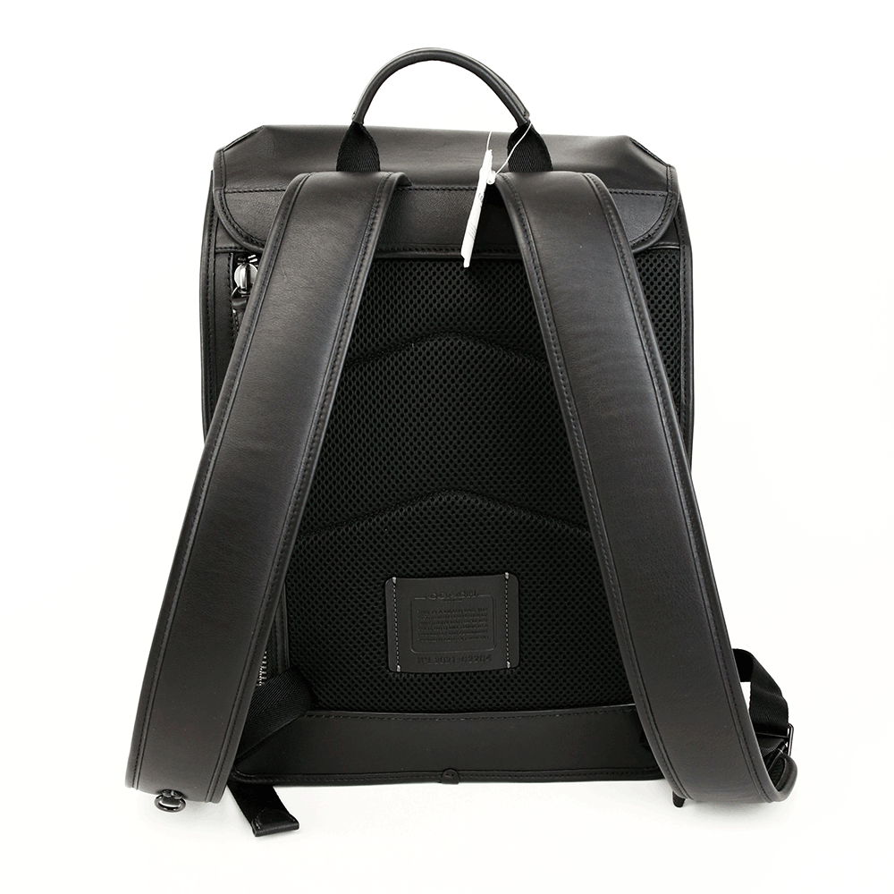 back view of Coach Black Leather League Flap Backpack