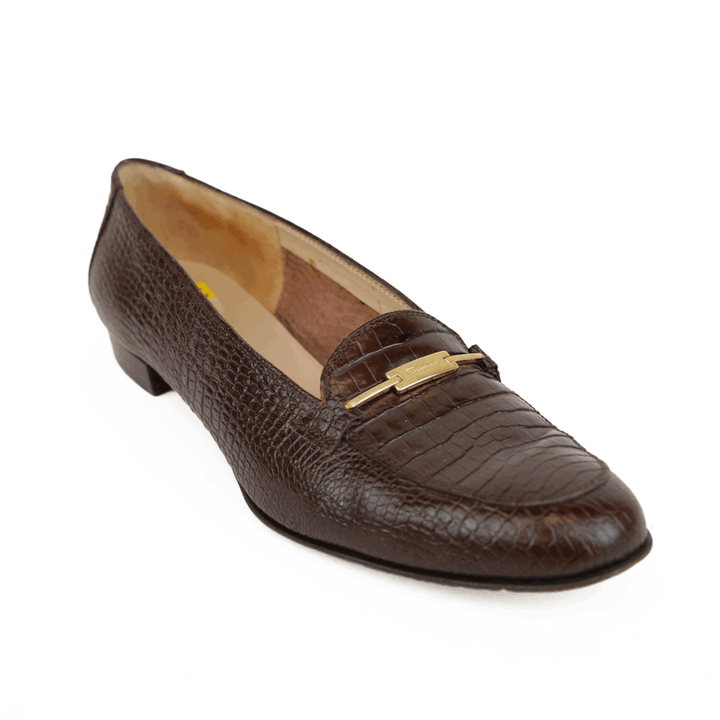 Salvatore Ferragamo Brown Croc Embossed Leather Vintage Loafers