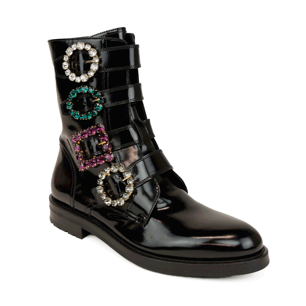 Dolce & Gabbana Black Leather Crystal Buckle Combat Boots