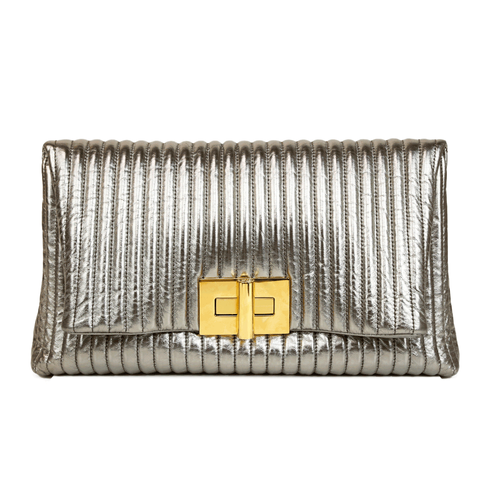 Tom Ford Silver Quilted Leather Turn-Lock Clutch Bag
