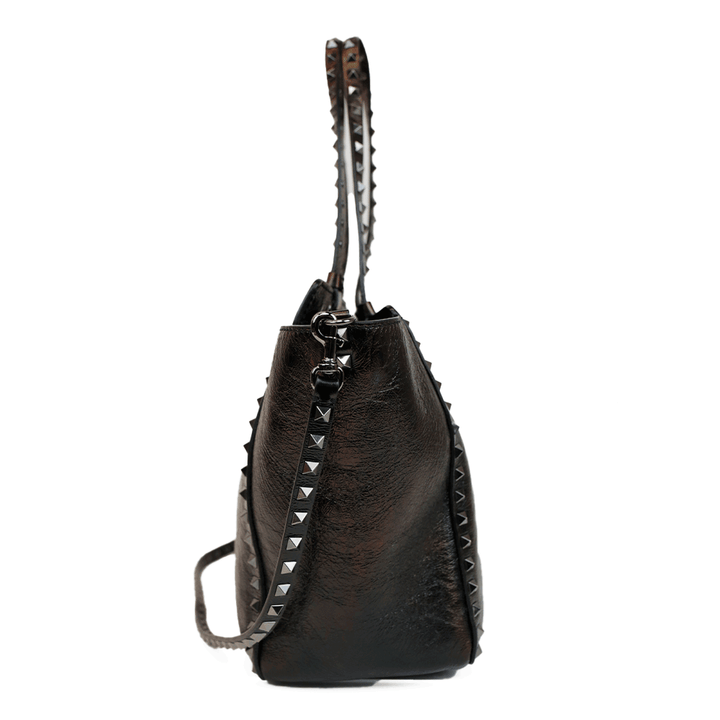 Valentino Metallic Crinkled Black Leather Rockstud Tote Bag