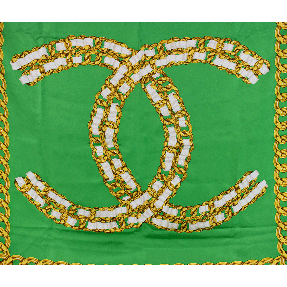 Chanel Vintage Green & Gold Chain Silk Square Scarf