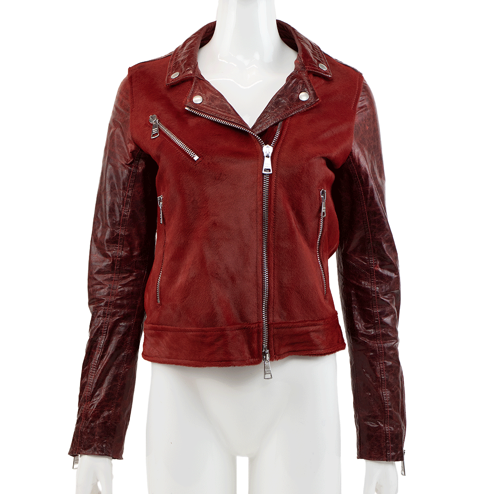 Giorgio Brato Red Leather & Calf Hair Biker Jacket
