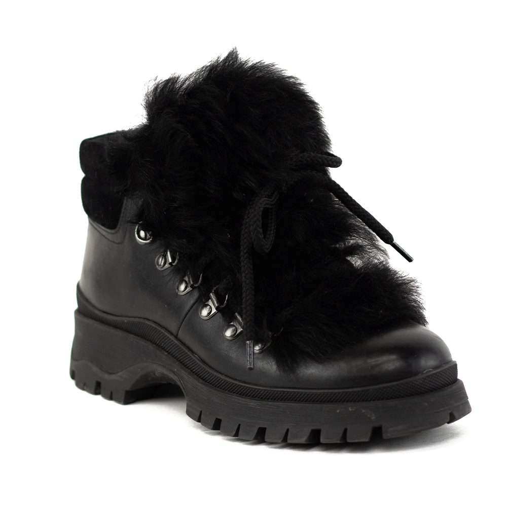 Prada Shearling Trim Black Leather Ankle Boots