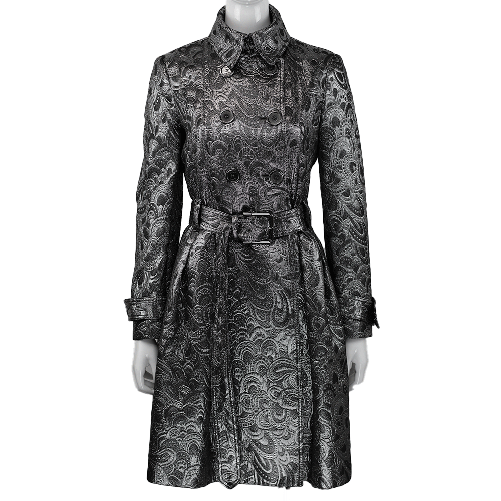 Burberry Silver Paisley Brocade Trench Coat