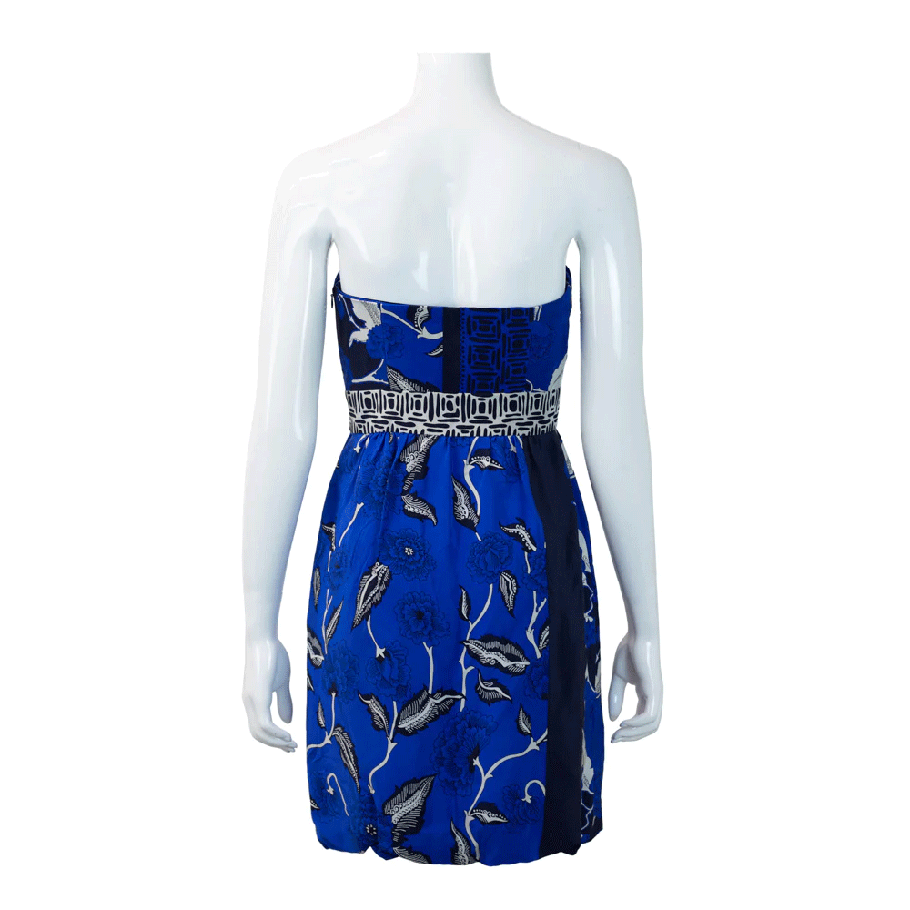 Tibi Blue Printed Silk Strapless Mini Dress