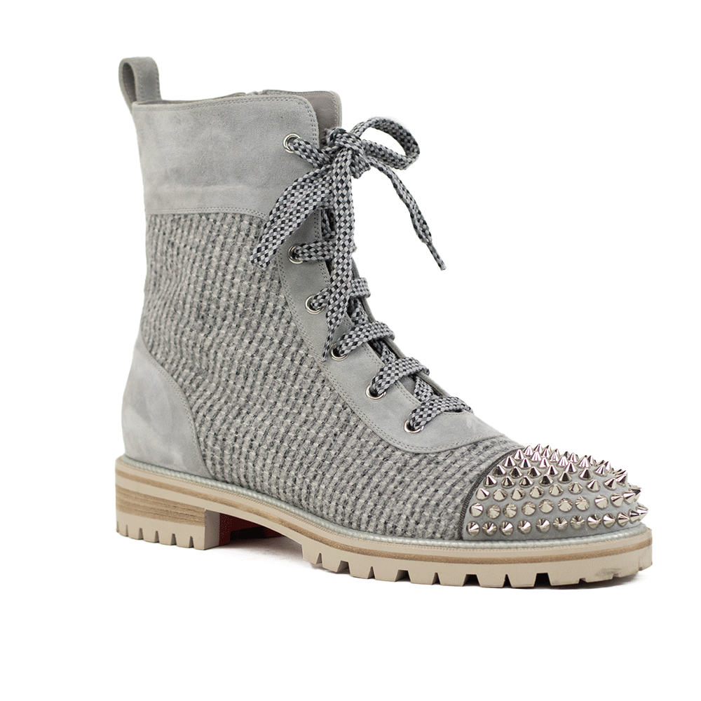 Christian Louboutin Gray Suede & Tweed Studded Combat Boots