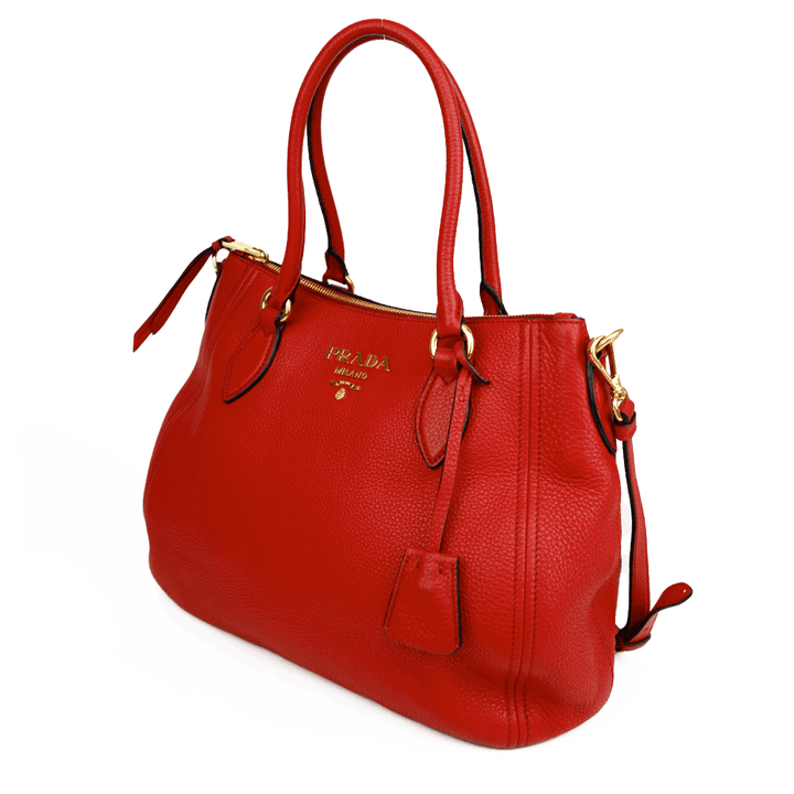 Prada Red Pebbled Leather Convertible Zip Tote Bag
