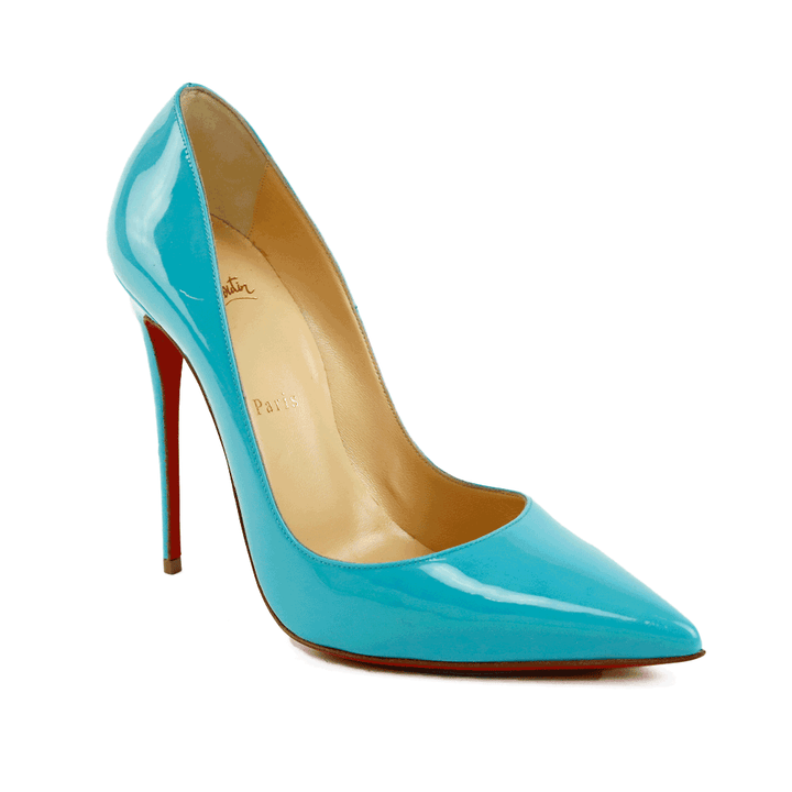 side view of Christian Louboutin Turquoise Patent Leather So Kate 120 Pumps