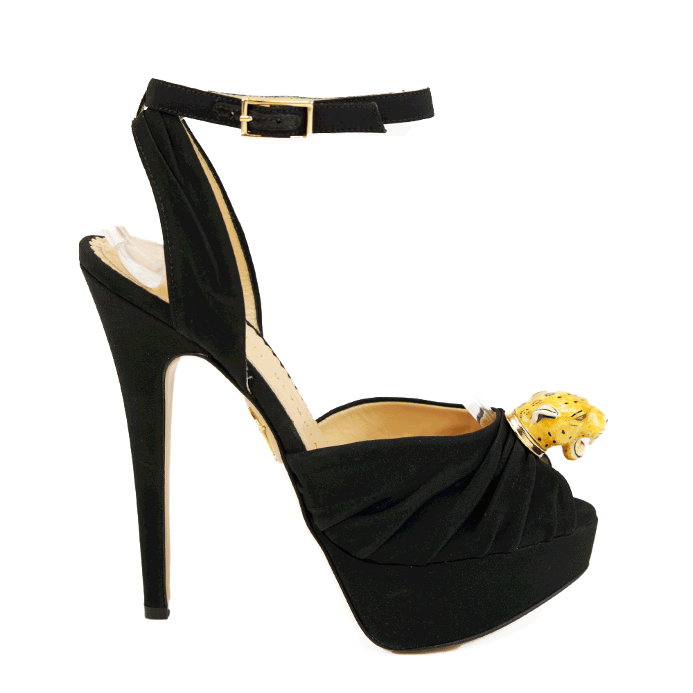 Charlotte Olympia Black Crepe De Chine Bruce Leopard Sandals