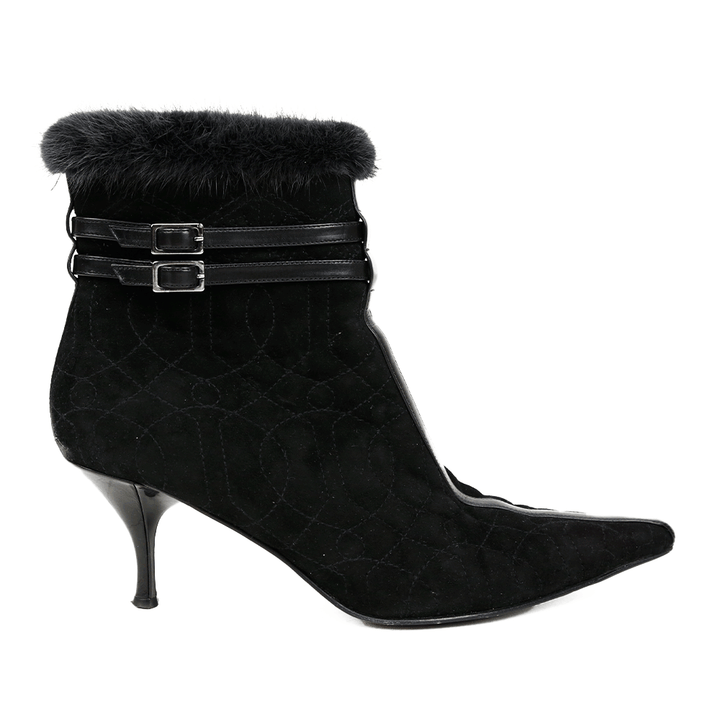 side view of Donald J. Pliner Black Quilted Suede Fur Trim Ankle Boots