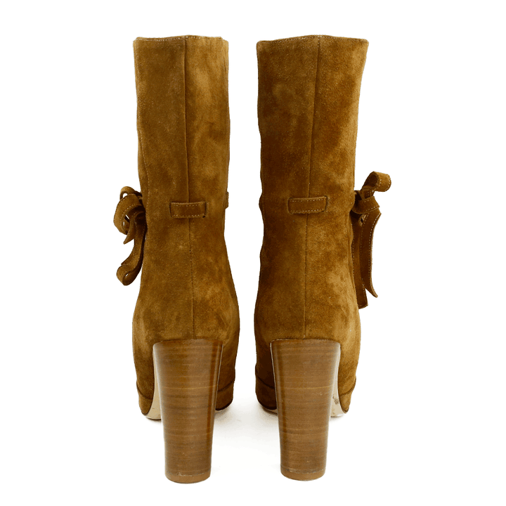 Back view of Manolo Blahnik Tan Suede Mid-Calf Boots