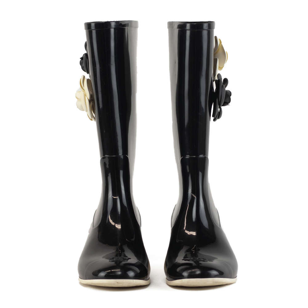 Chanel Black Rubber Camellia Rain Boots