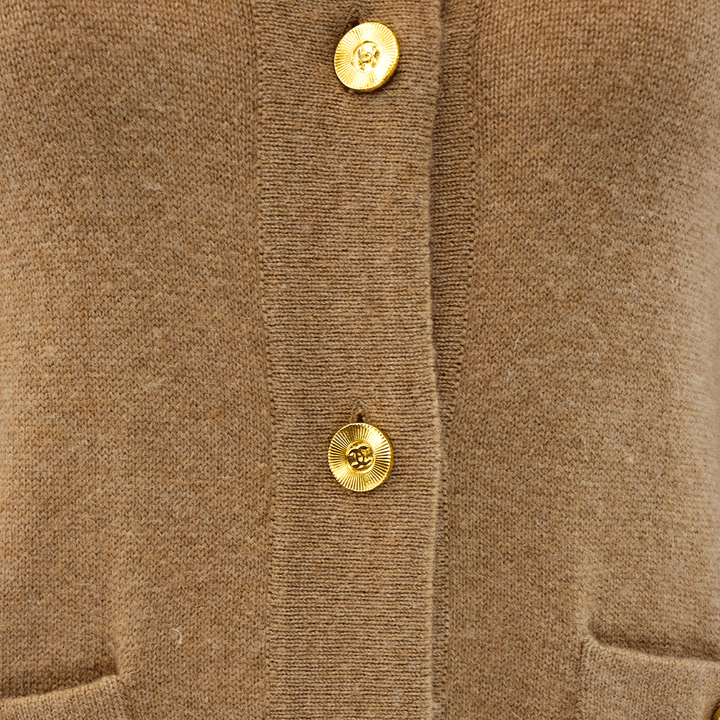 Chanel Vintage Tan Cashmere CC Belted Cardigan