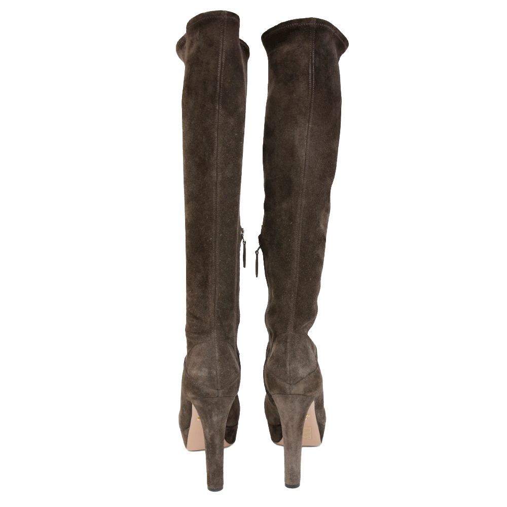 Prada Brown Suede Platform Knee Boots