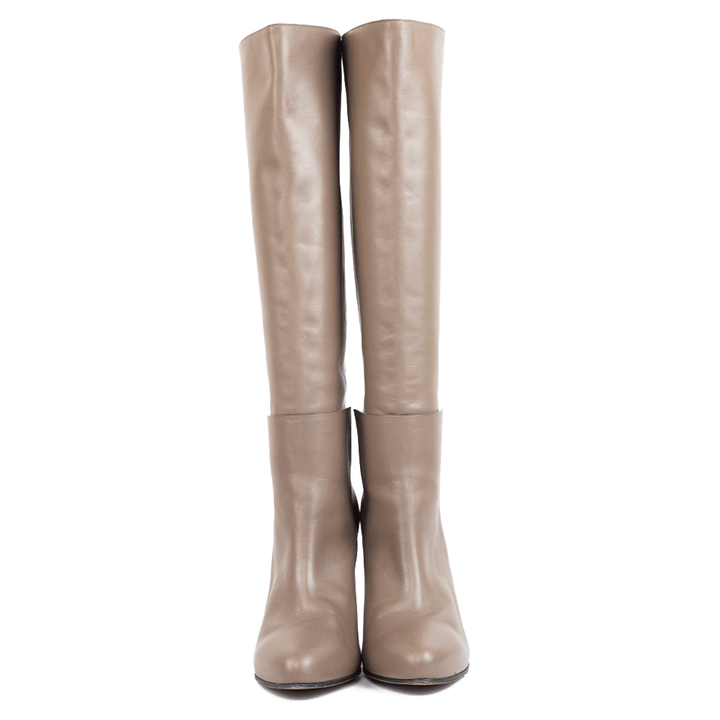 front view of Balenciaga Taupe Leather High Heel Calf Boots