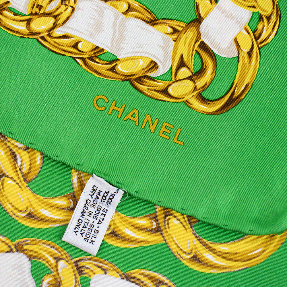 Chanel Vintage Green & Gold Chain Silk Square Scarf | DBLTKE Chanel Vintage Green & Gold Chain Silk Square Scarf | DBLTKE