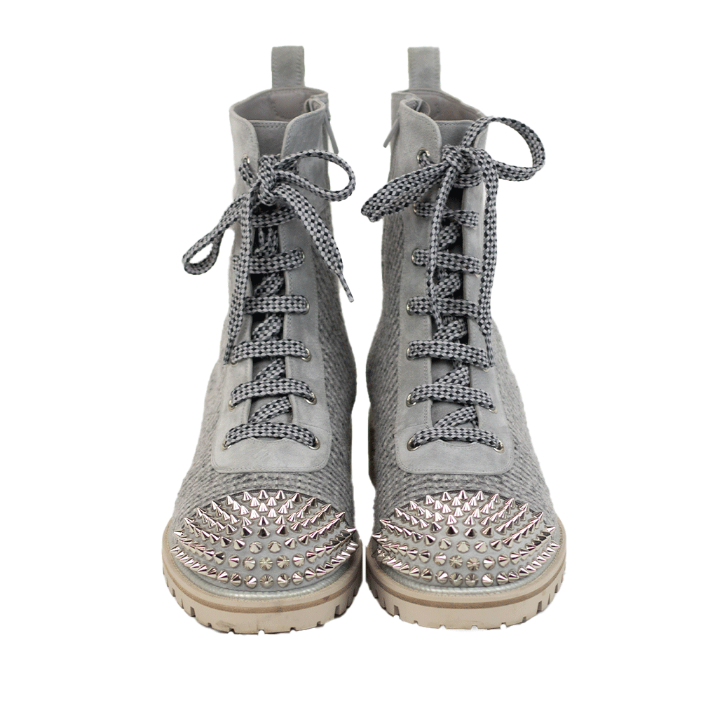 Christian Louboutin Gray Suede & Tweed Studded Combat Boots