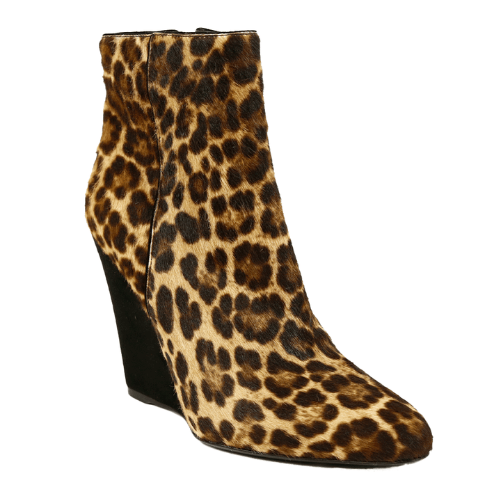 side view of Prada Leopard Print Pony Hair Wedge Ankle Boots