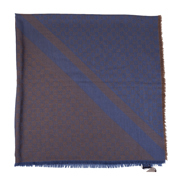 Gucci Blue & Taupe GG Monogram Wool & Silk Scarf