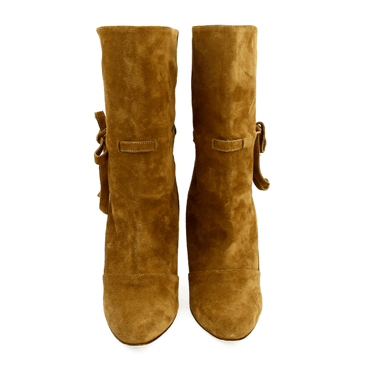 Front view of Manolo Blahnik Tan Suede Mid-Calf Boots