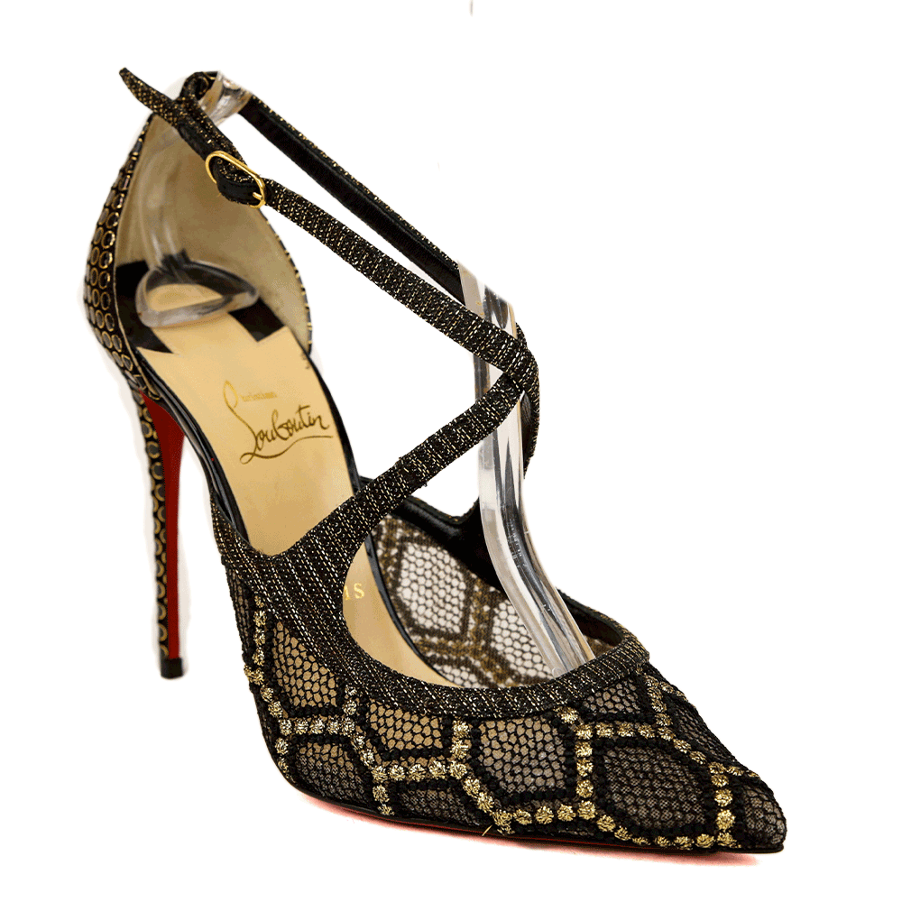 Christian Louboutin Black & Gold Pointed Toe Leather & Mesh Pumps